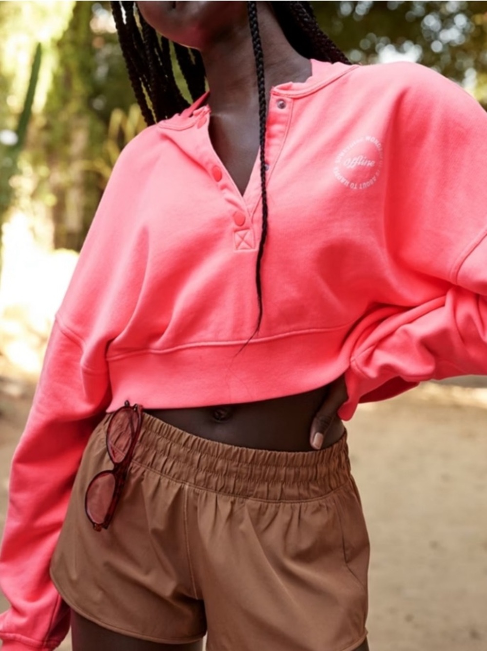 OFFLINE by Aerie Fleece Oversized Cropped Sweatshirt in Hot Coral Pink XL